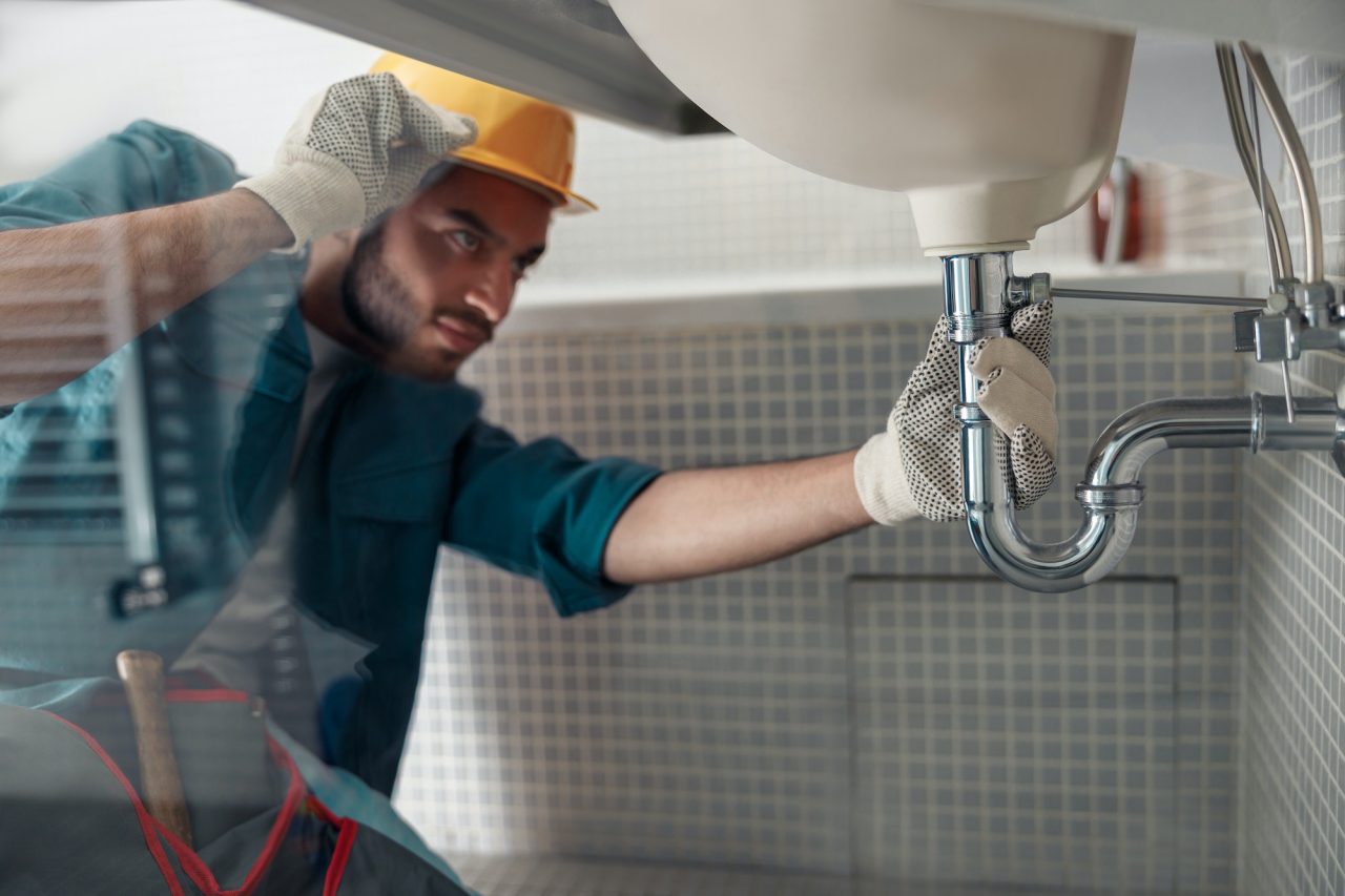 male plumber is repairing faucet of a sink at bathroom good quality plumbing company service